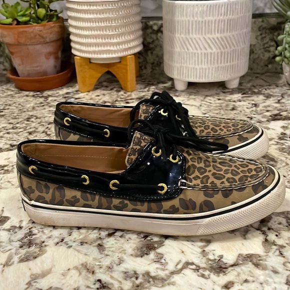 Sperry Topsiders Women's Leopard Canvas Black Patent Leather Boat Shoes … - Picture 6 of 11